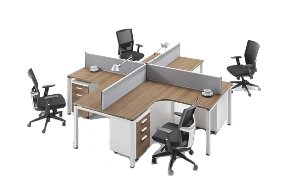 Office Desk divided by screens with 4 office chairs